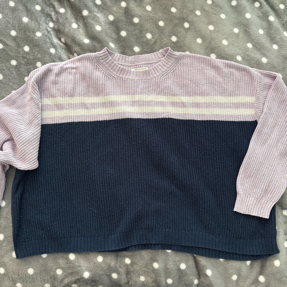 American Eagle Striped Colorblock Crewneck Sweater - Lavender and Navy